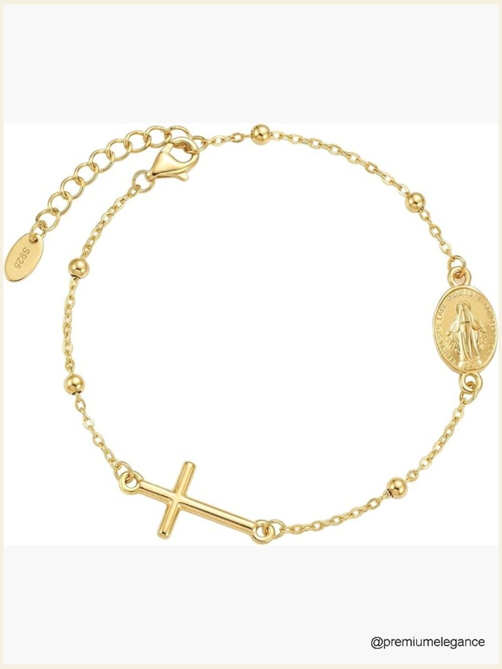 Cross Miraculous Medal Rosary Bracelet, 925 Sterling Silver 18K Gold Plated,